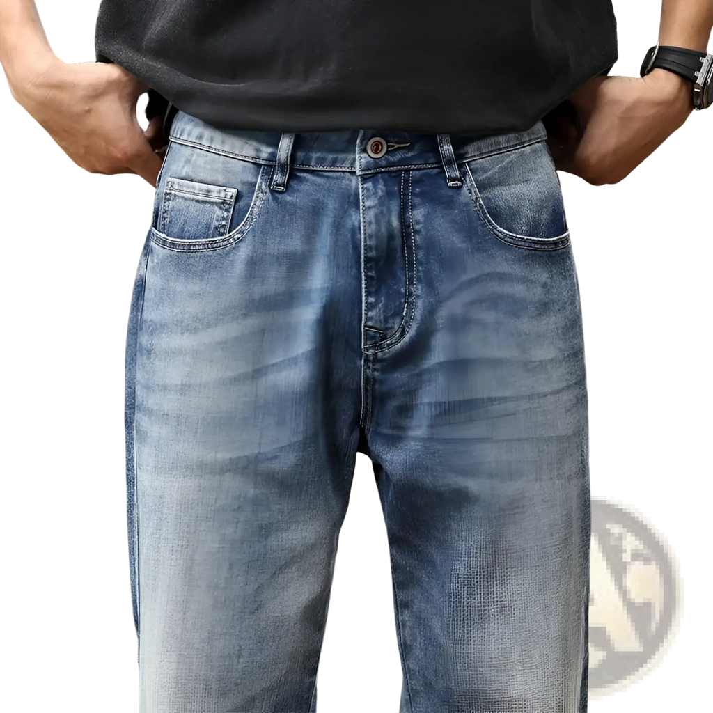 Washed blue denim baggy wide leg jeans with relaxed fit and faded distressing for casual wear