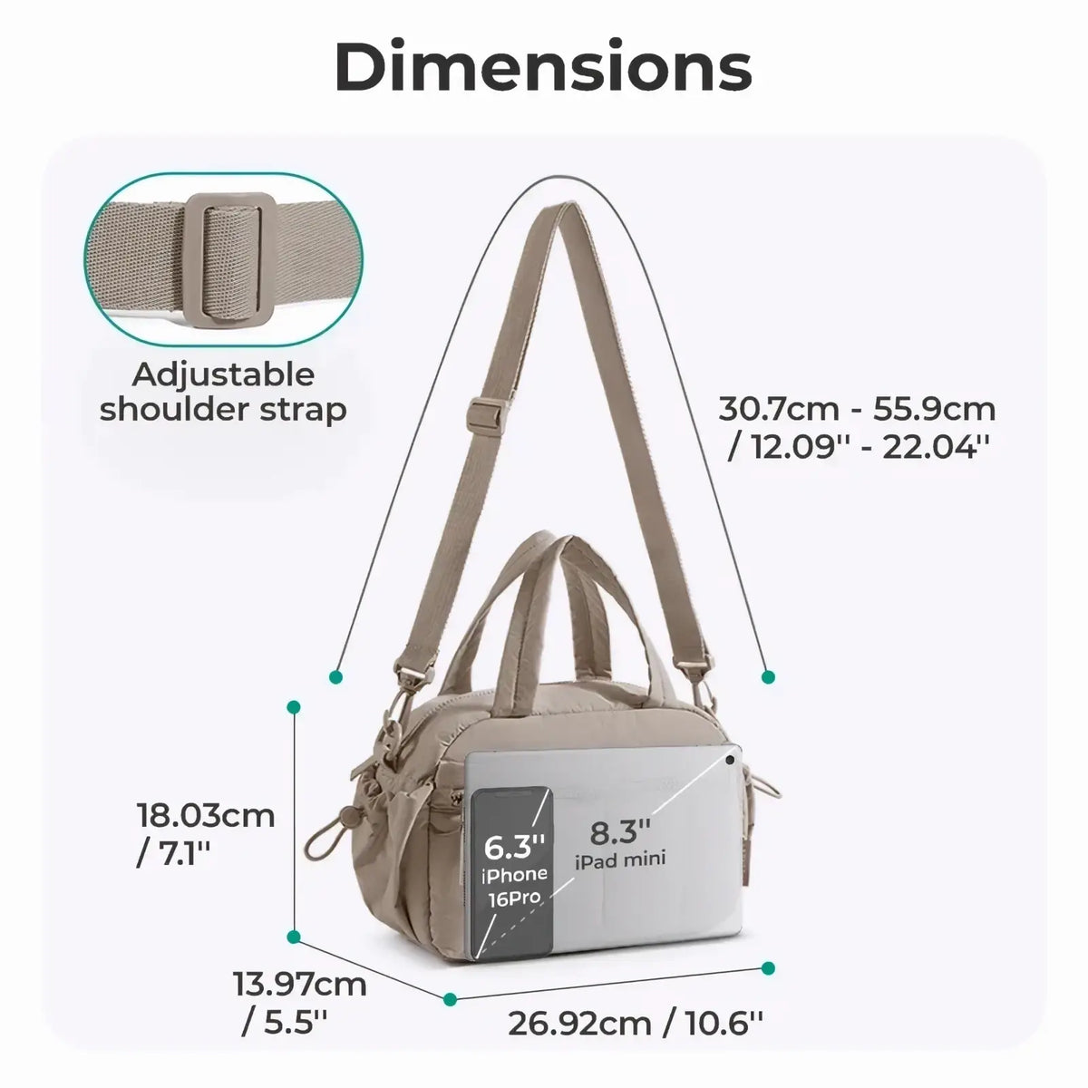 Beige nylon bagsmart large crossbody shoulder bag with adjustable strap and dual handles for versatile use