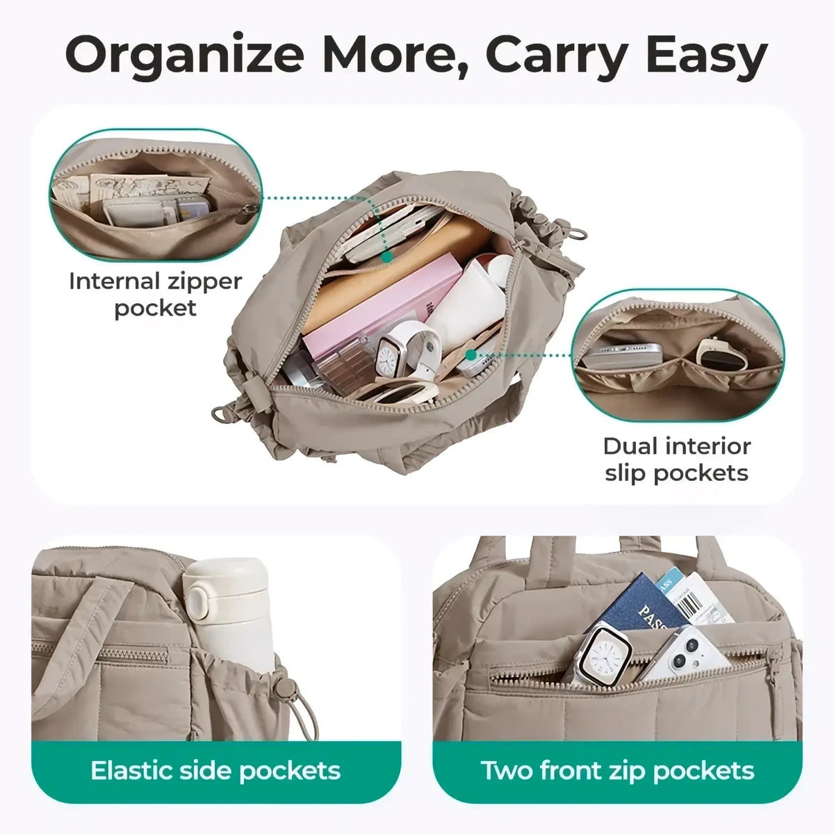 Bagsmart large beige nylon crossbody shoulder bag daypack with multiple zippered and slip pockets for organized carrying