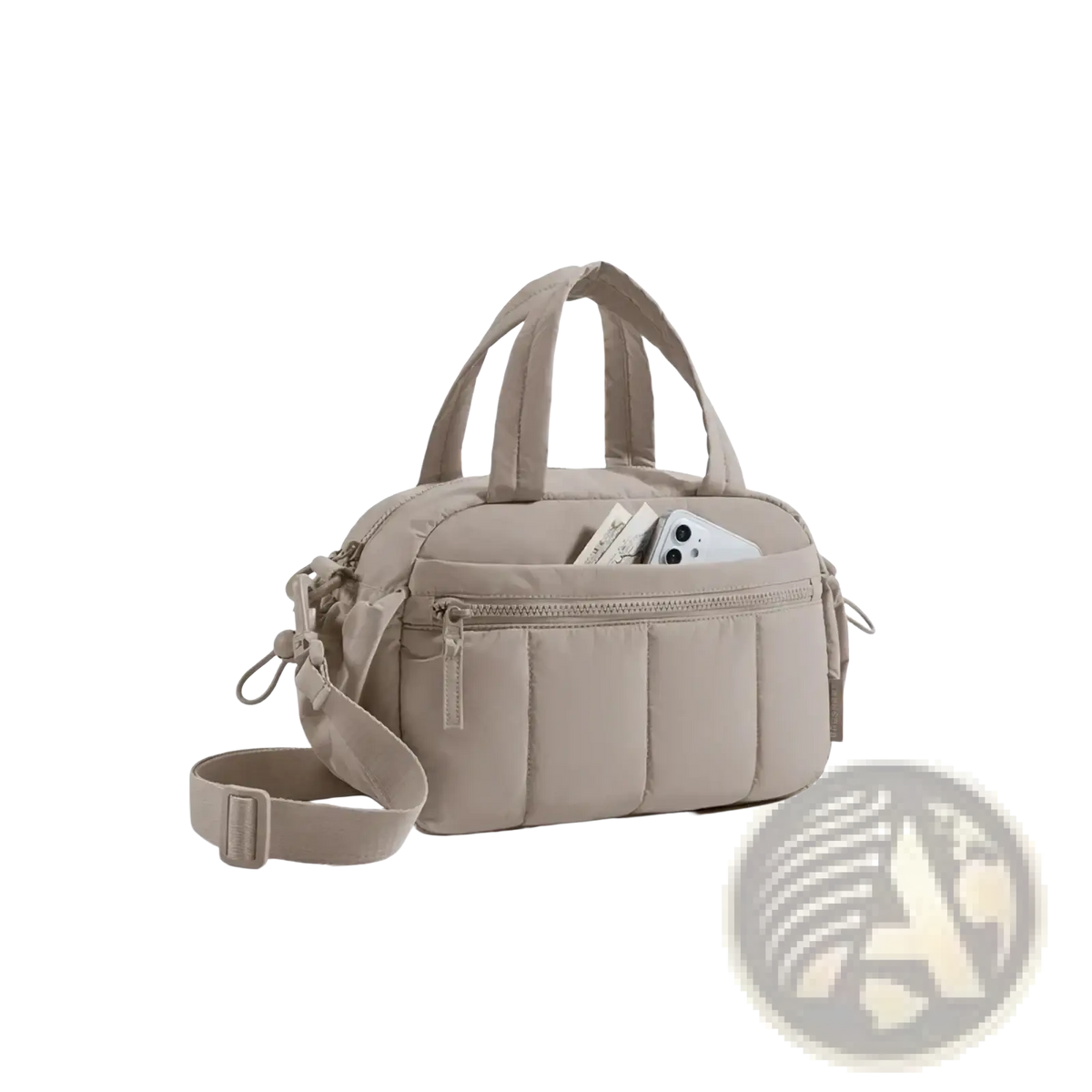 Beige quilted nylon Bagsmart large crossbody shoulder bag with top handles and adjustable strap for versatile use