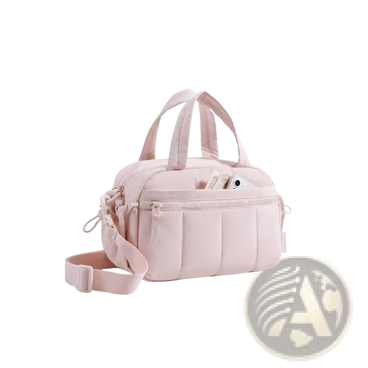 A soft blush pink bagsmart large nylon crossbody duffel bag with quilted panels, dual handles, and adjustable strap