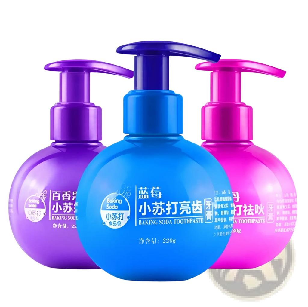 Three vibrant spherical pump bottles of baking soda whitening toothpaste in purple blue and pink for stain removal