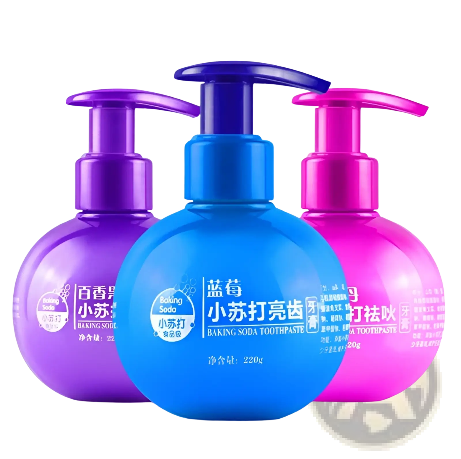 Three vibrant spherical pump bottles of baking soda whitening toothpaste in purple blue and pink for stain removal