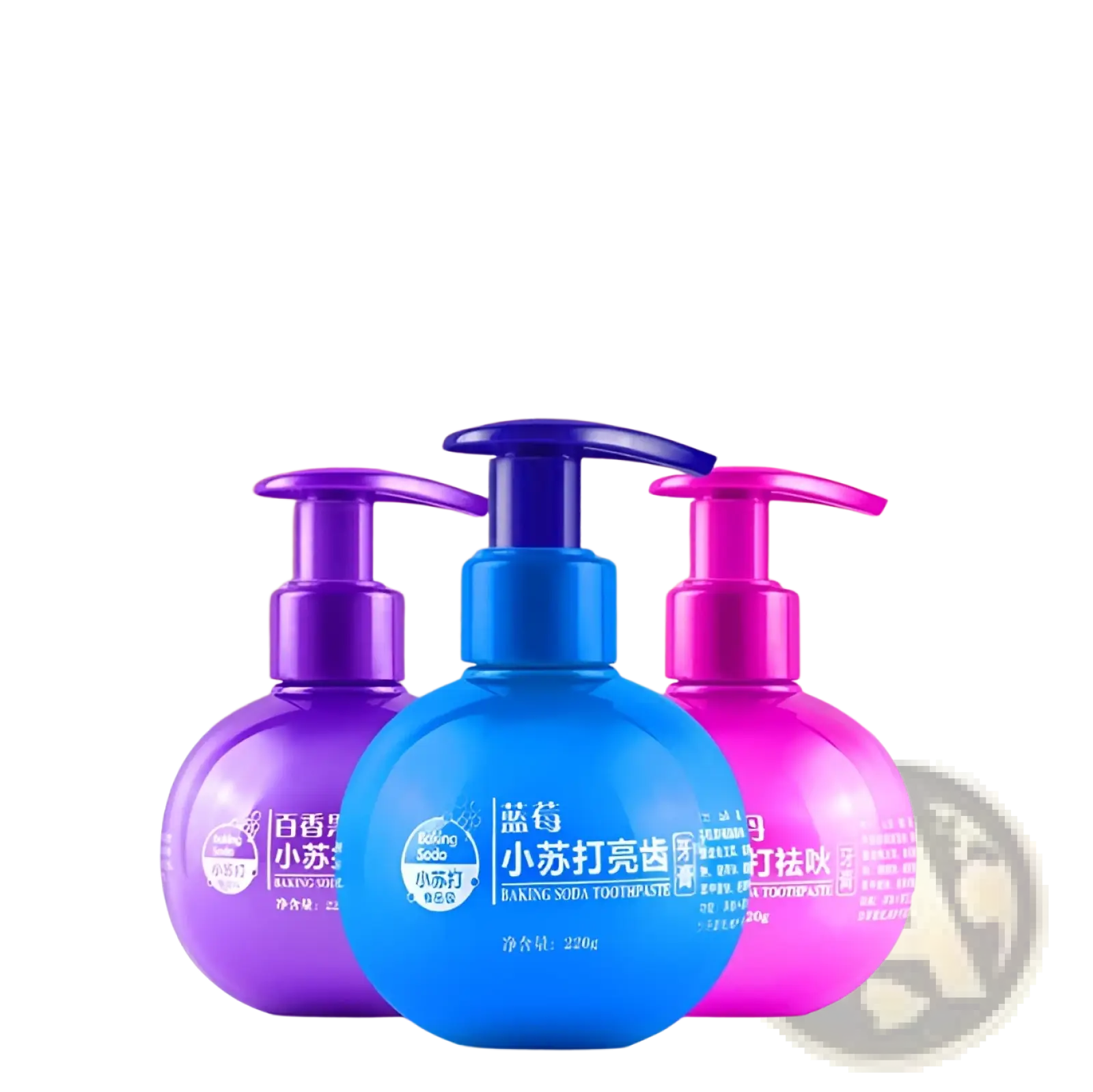 Three vibrant round pump-top bottles of baking soda whitening toothpaste in purple blue and pink for stain removal