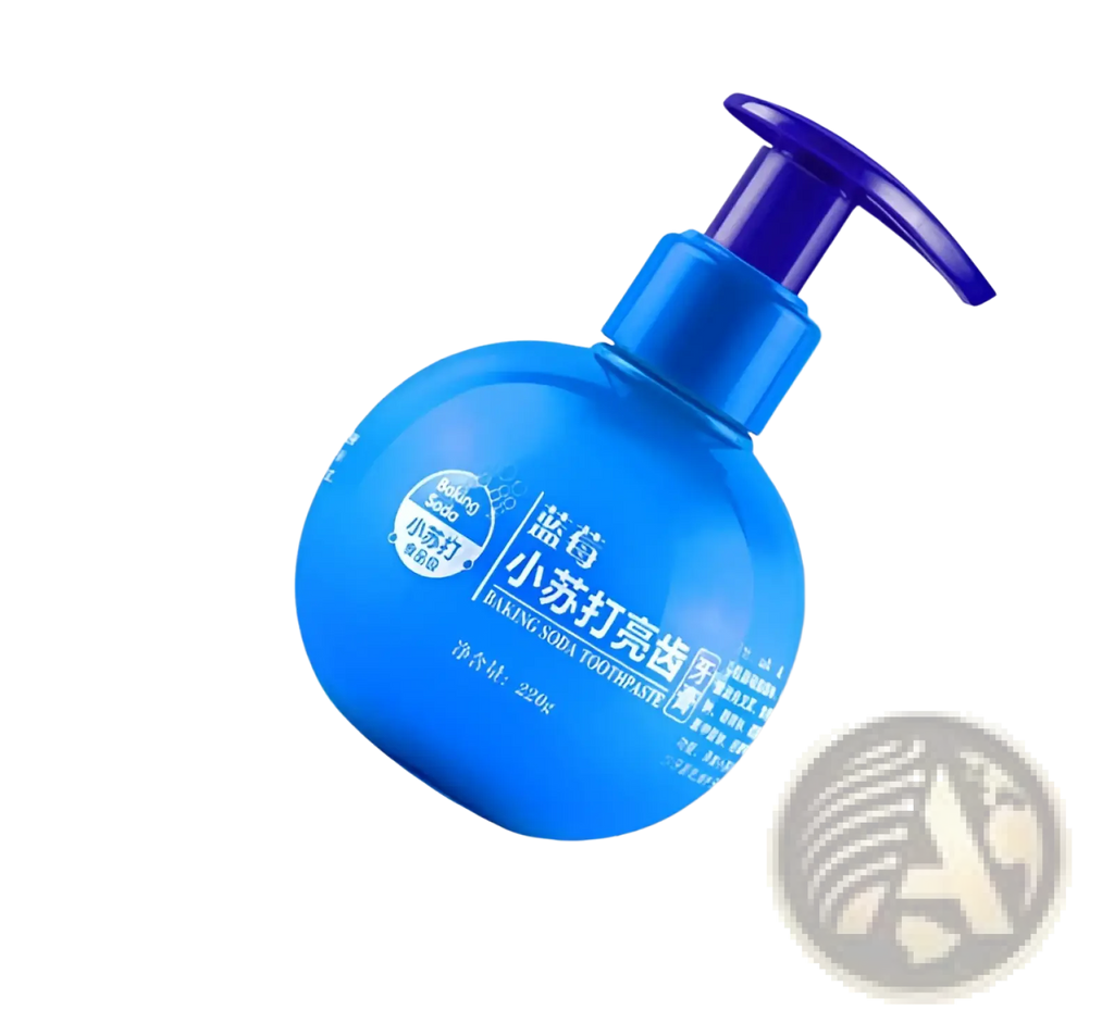 Bright blue spherical baking soda whitening toothpaste pump with purple dispenser for stain removal