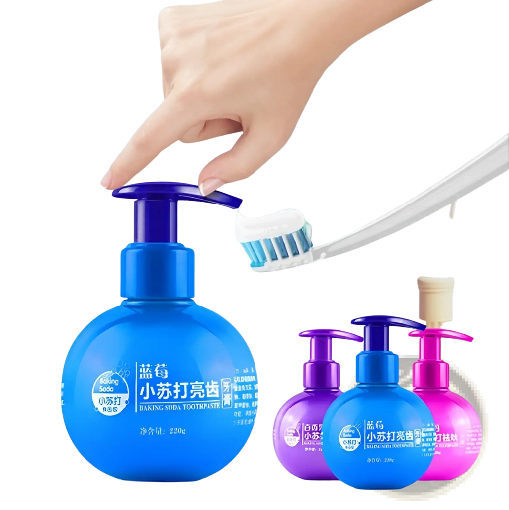 Bright blue spherical bottle of baking soda whitening toothpaste with matching pump dispenser for stain removal