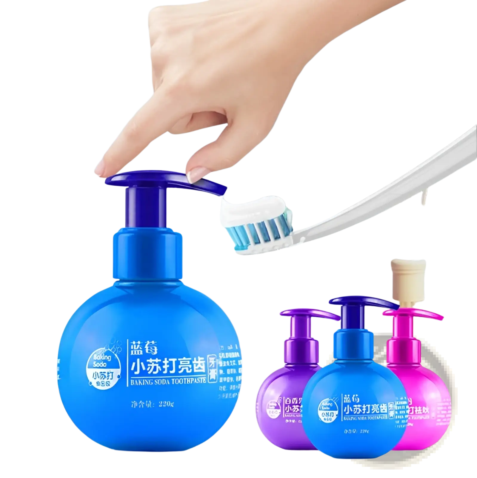 Bright blue spherical bottle of baking soda whitening toothpaste with matching pump dispenser for stain removal