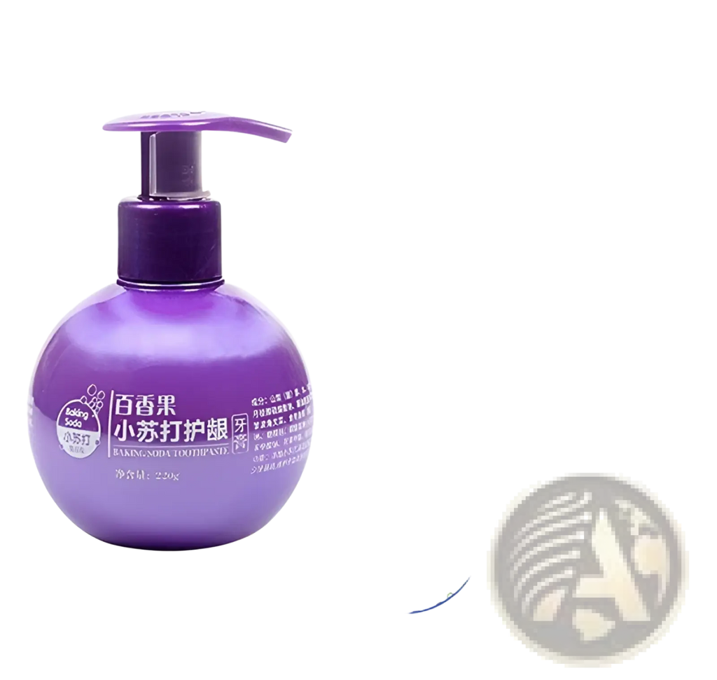 Purple spherical bottle of baking soda whitening toothpaste with matching purple pump dispenser for stain removal