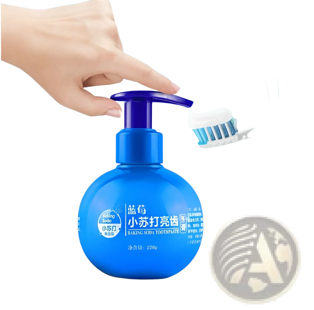 Blue spherical pump dispenser of baking soda whitening toothpaste with white label and chinese characters for stain removal