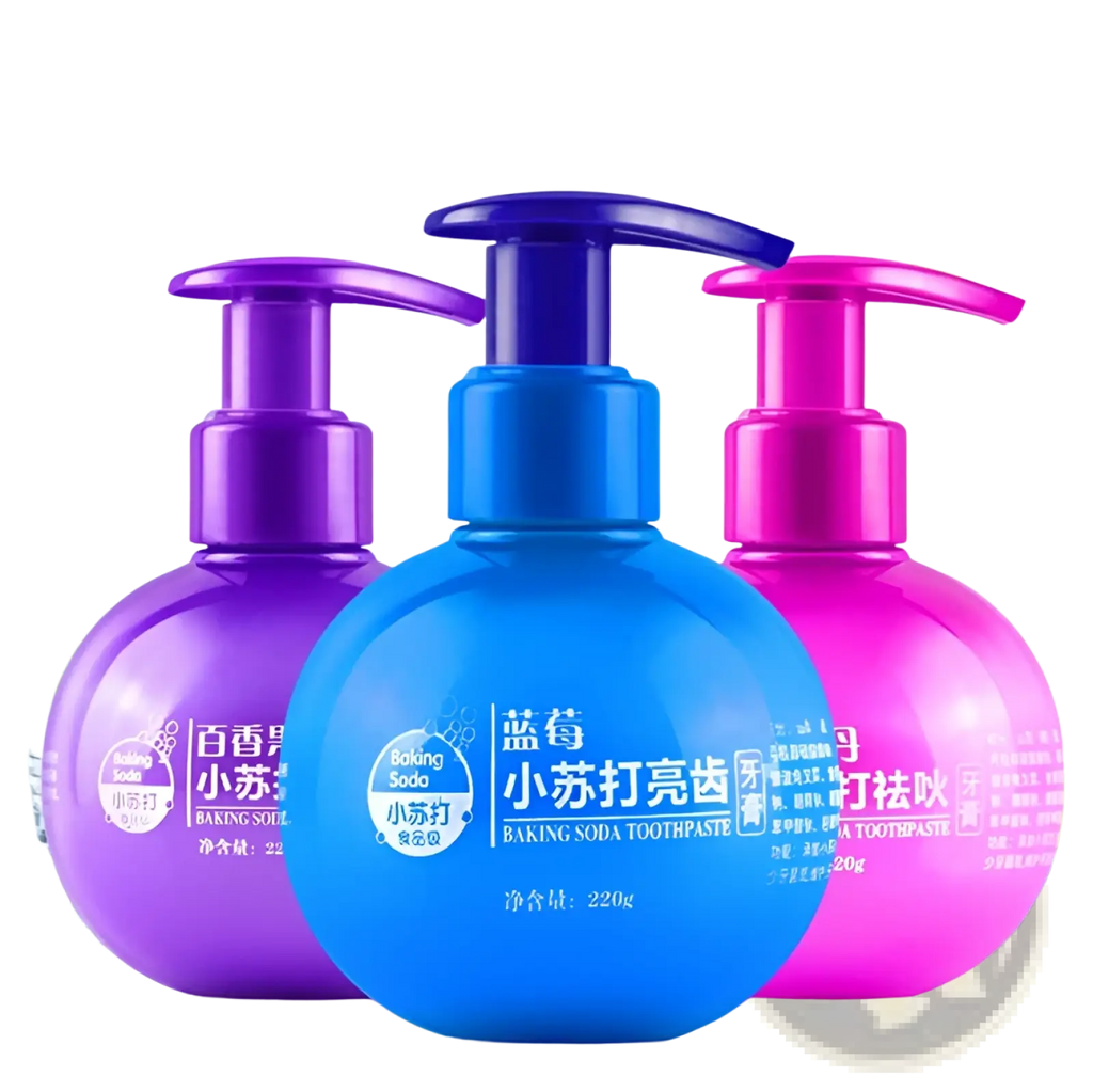 Three vibrant round pump bottles of baking soda whitening toothpaste in purple blue and pink for stain removal