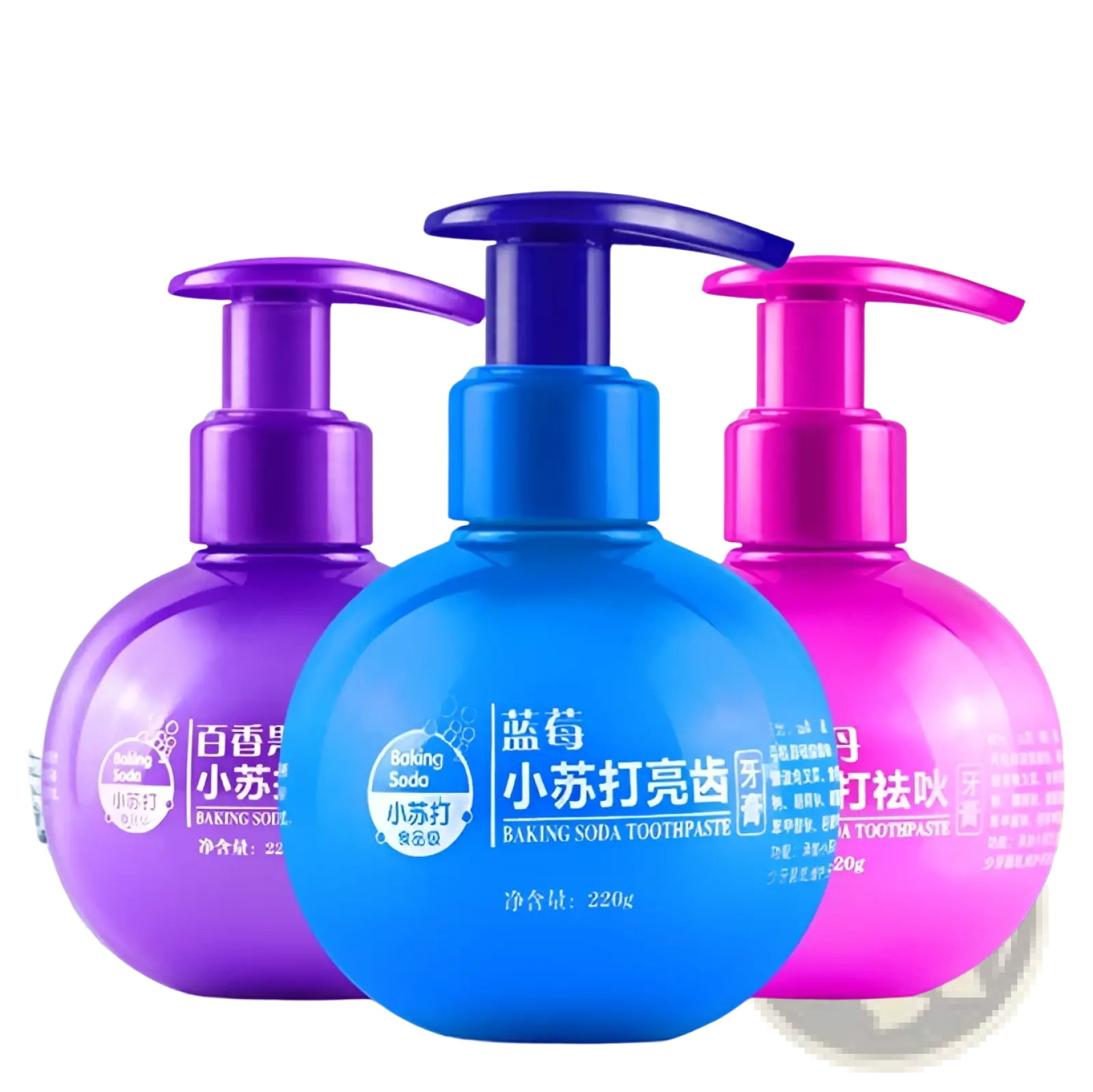 Three vibrant round pump bottles of baking soda whitening toothpaste in purple blue and pink for stain removal