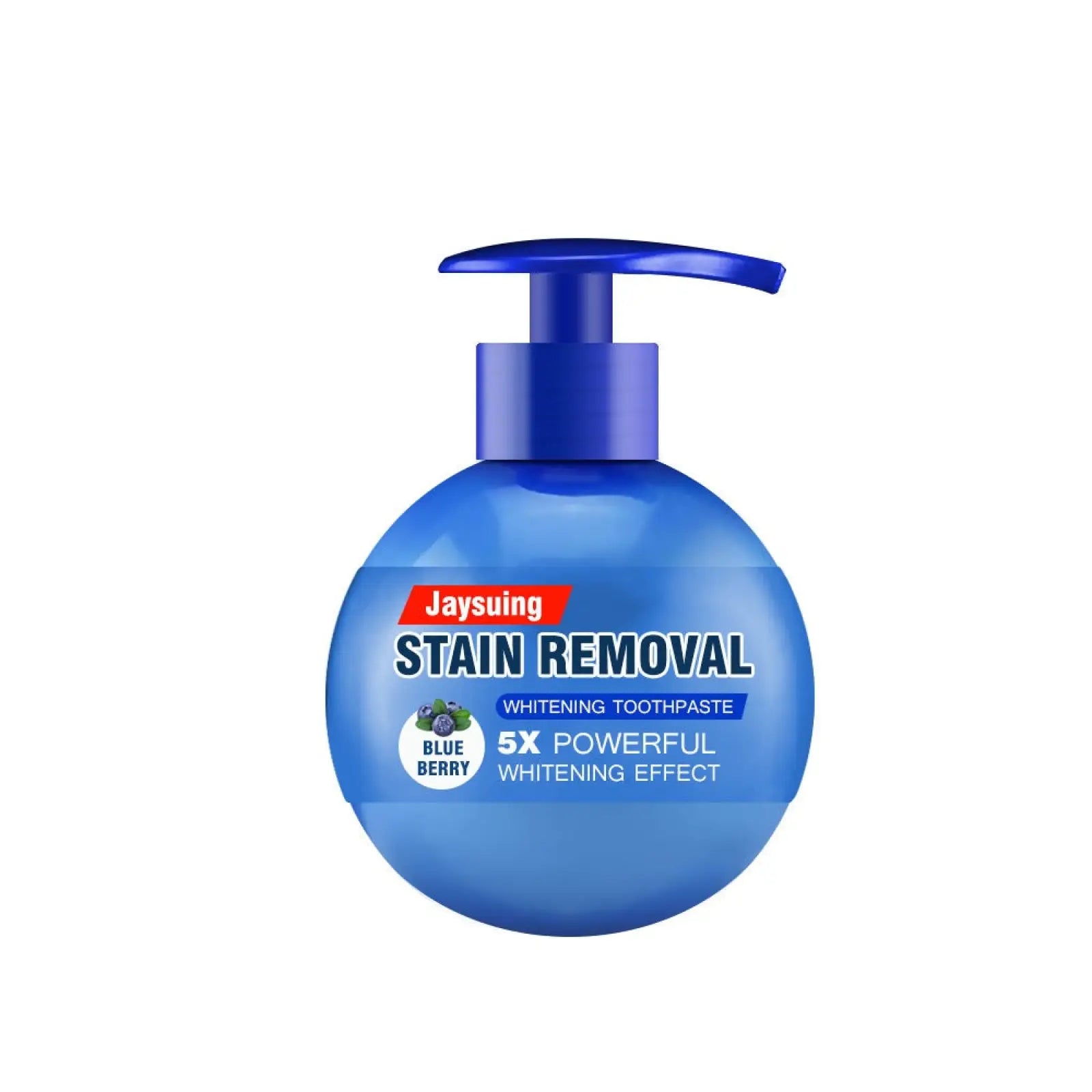 Blue spherical bottle of jaysuing baking soda whitening toothpaste with pump dispenser in blue berry flavor for stain removal