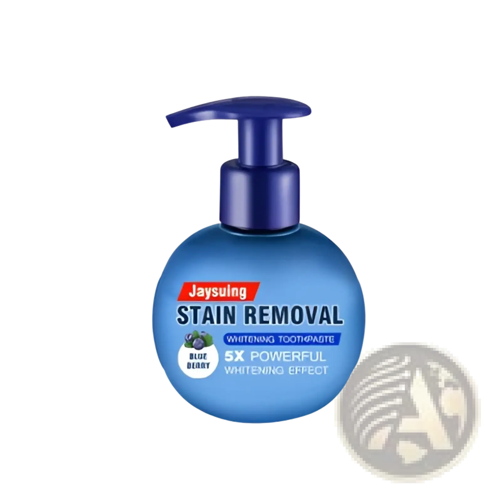 Blue jaysuing stain removal whitening toothpaste in a round pump bottle with blueberry flavor and 5x whitening effect