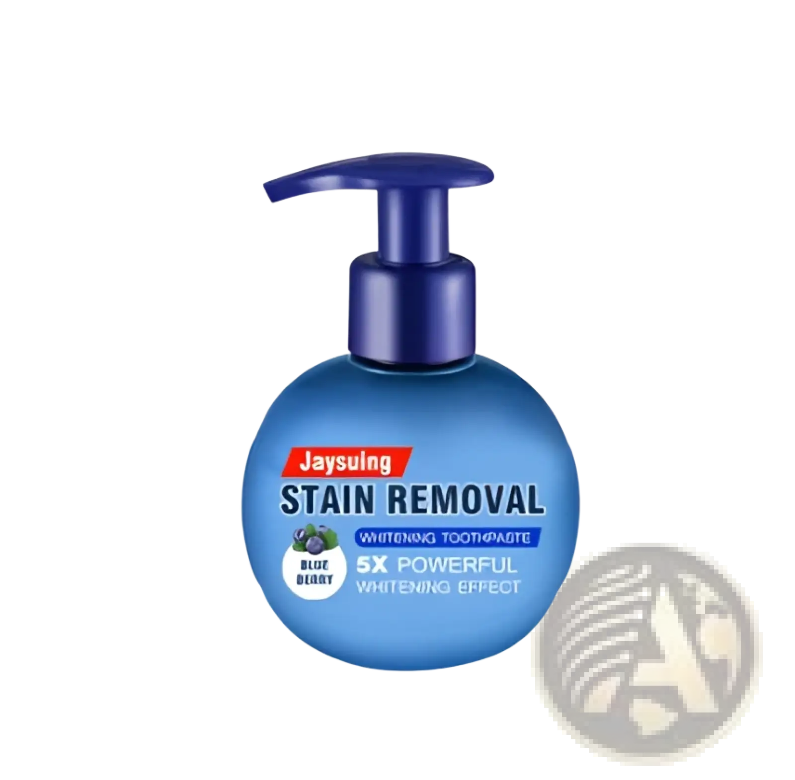 Blue jaysuing stain removal whitening toothpaste in a round pump bottle with blueberry flavor and 5x whitening effect