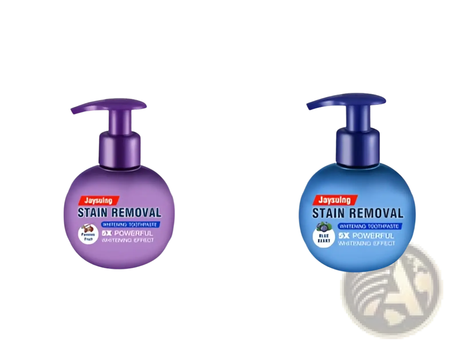 Purple and blue pump-top baking soda whitening toothpaste bottles with stain removal branding for effective whitening