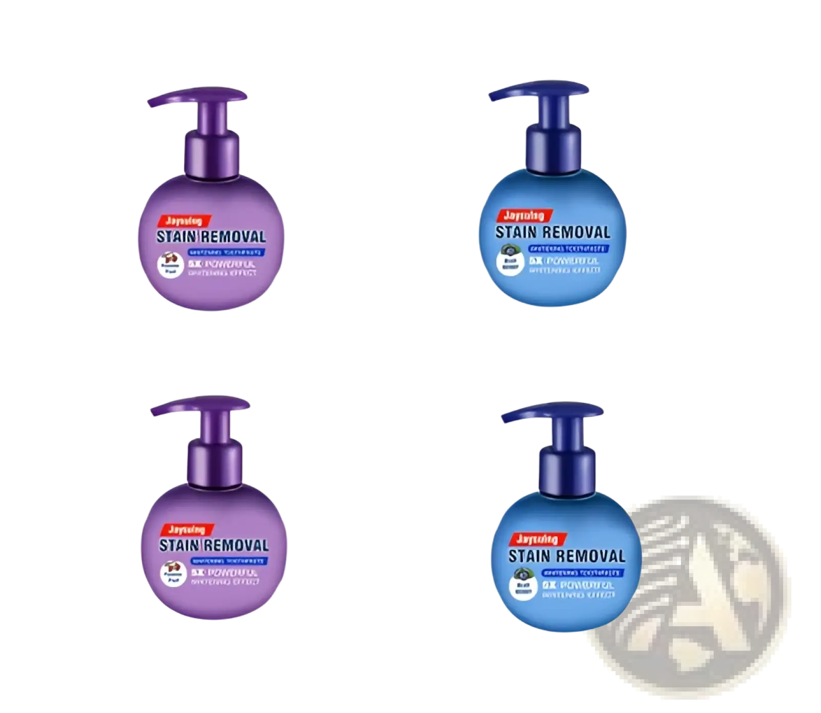 Purple and blue pump-top baking soda whitening toothpaste bottles with stain removal branding for effective teeth whitening