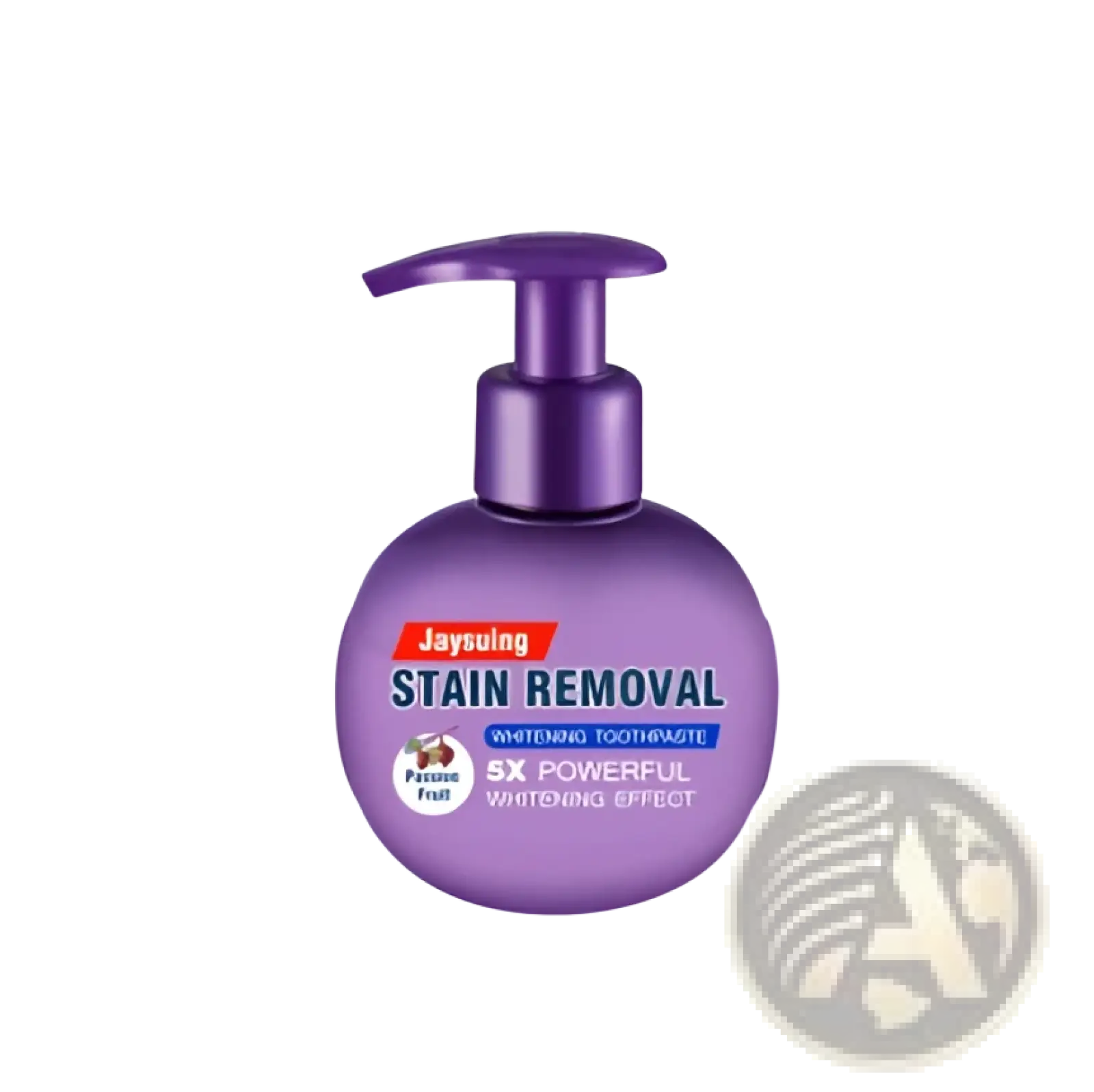 Purple spherical bottle of jaysuing baking soda whitening toothpaste with pump dispenser for stain removal