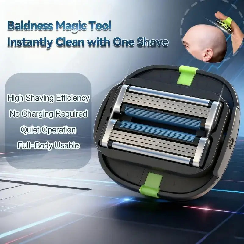 Black and green bald head grooming shaver with tpu finger strap and three blue-tinted blades for precise shaving