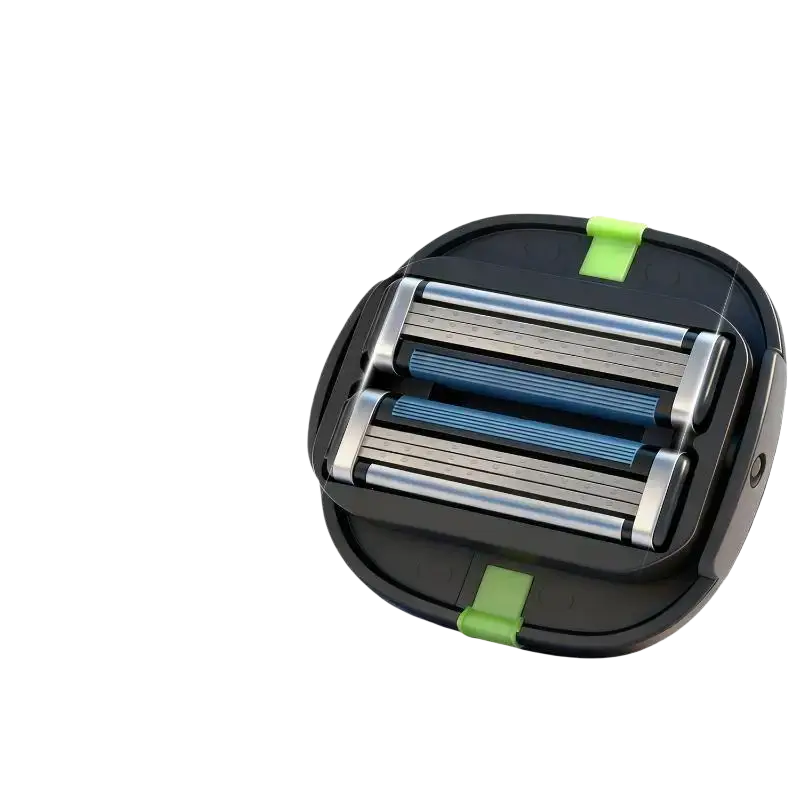 Black and green bald head grooming shaver with blue blades and tpu finger strap for precise head grooming