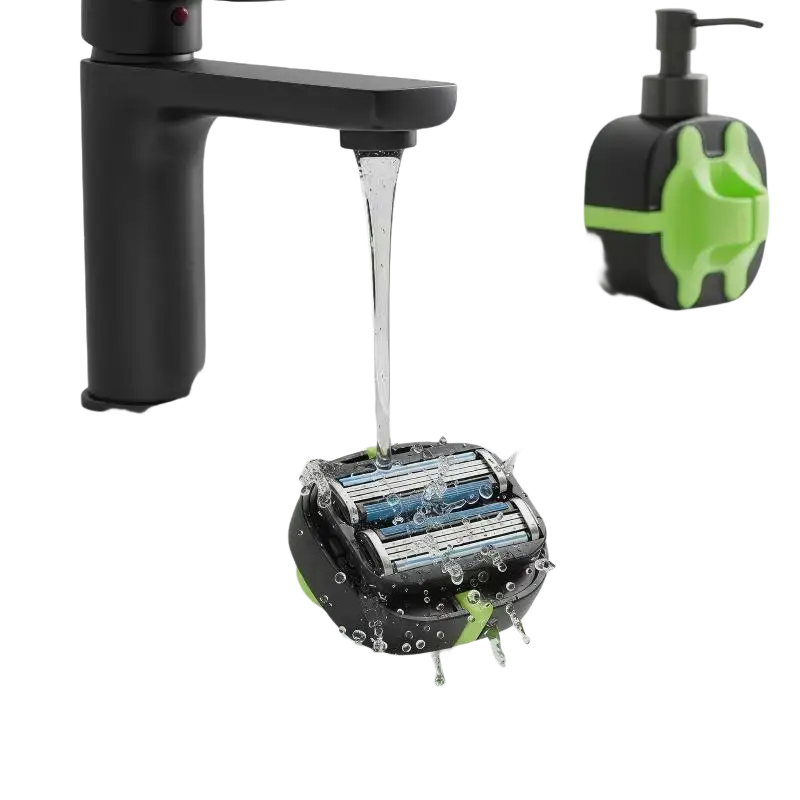 Black and lime green bald head grooming shaver with tpu finger strap and three blue-tinted blades submerged in water