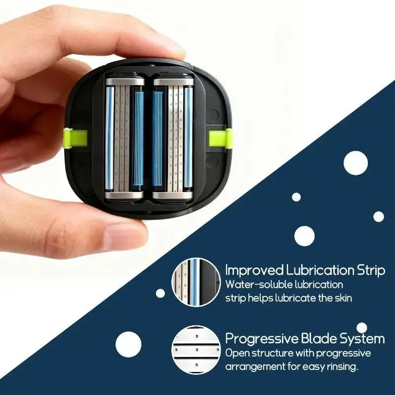 Black and lime green bald head grooming shaver with three blue silver blades and tpu finger strap for precision use