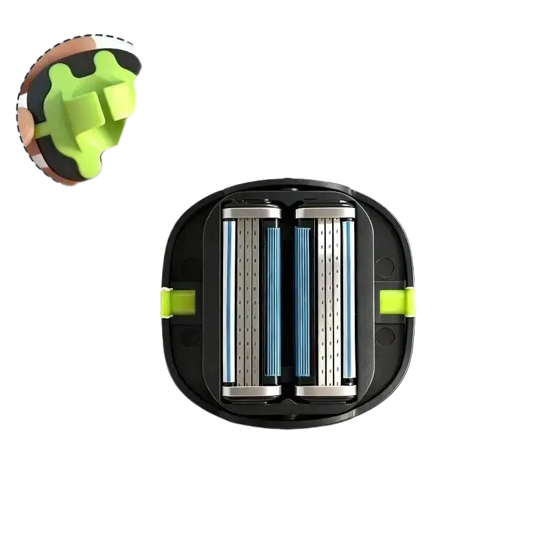 Black and lime green bald head grooming shaver with tpu finger strap and three blue-tinted precision blades