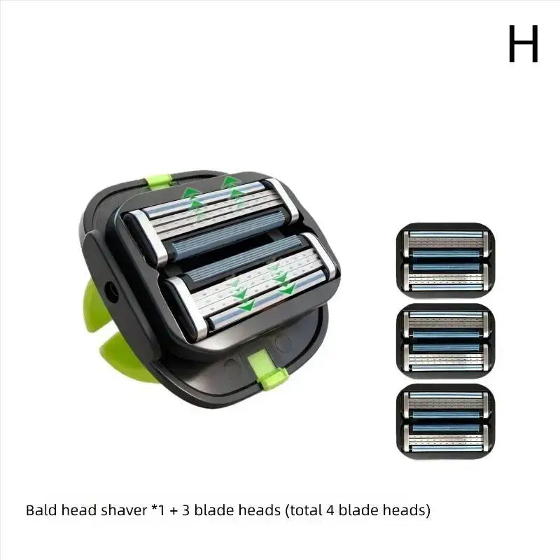 Black and lime green bald head grooming shaver with tpu finger strap and three replaceable blade heads for precise shaving