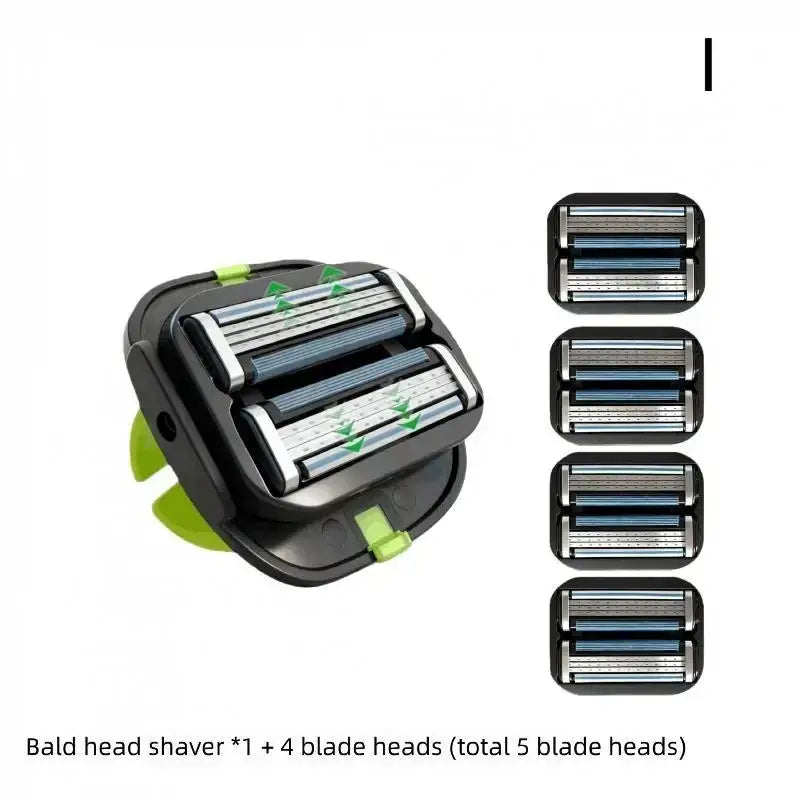 Black and lime green bald head grooming shaver with tpu finger strap and five replaceable blade heads for precise shaving