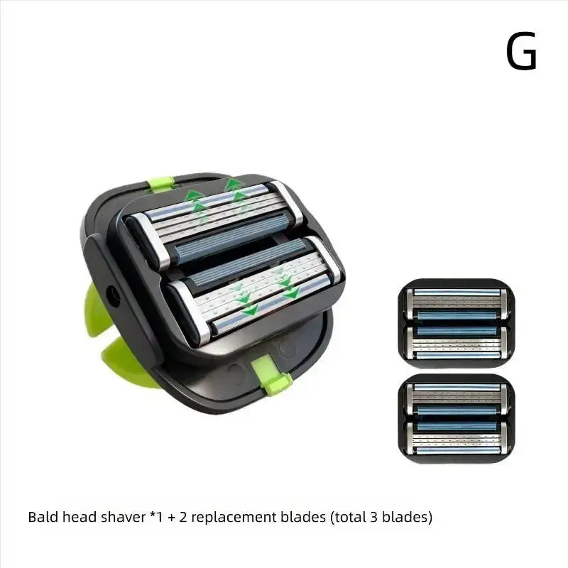 Black and lime green bald head grooming shaver with three razor blades and a tpu finger strap for secure grip