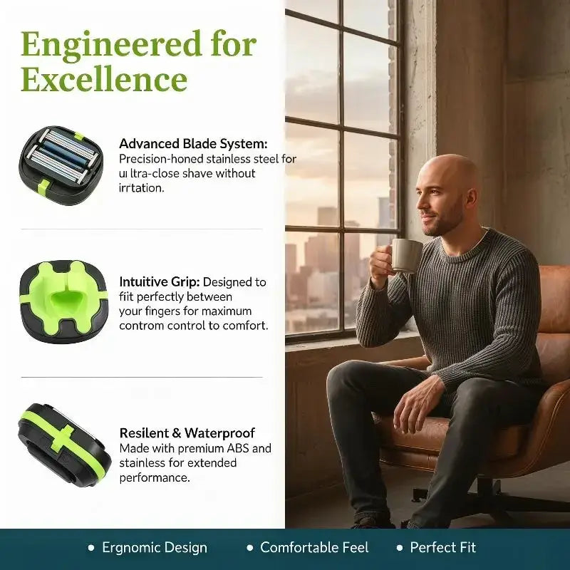 Black and neon green bald head grooming shaver with precision stainless steel blade system and tpu finger strap