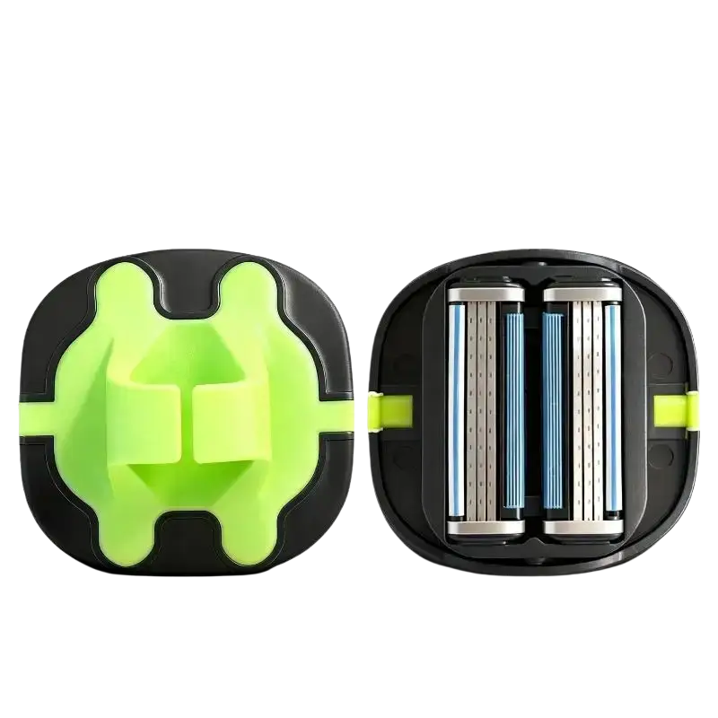Black and neon green plastic razor cartridge holder with two silver blades for bald head grooming shaver with tpu finger strap