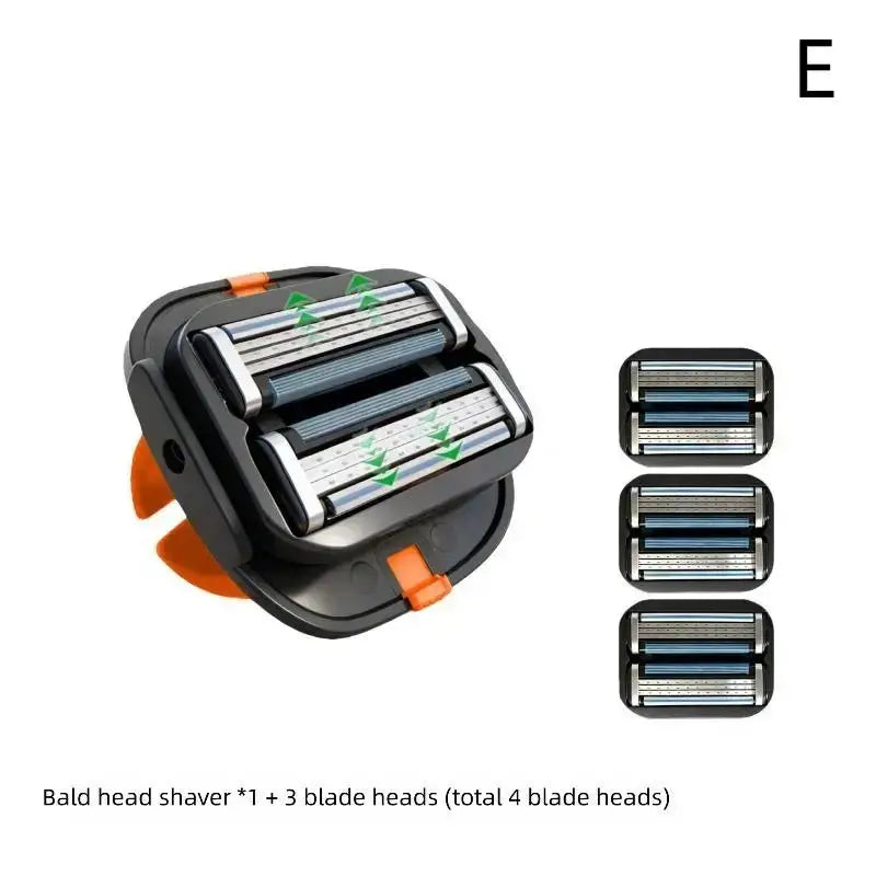 Black and orange bald head grooming shaver with tpu finger strap and three replaceable blade heads shown alongside unit
