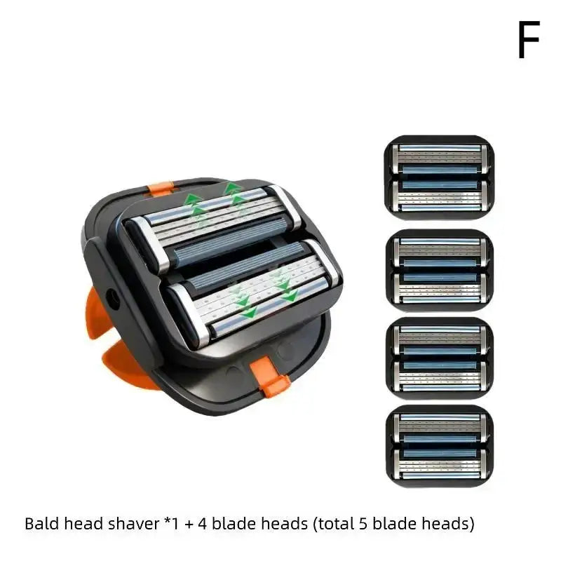 Black and orange bald head grooming shaver with tpu finger strap and five blade heads including four replacements