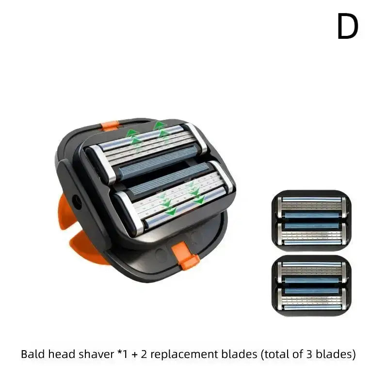 Black and orange bald head grooming shaver with three razor blades and tpu finger strap for secure grip