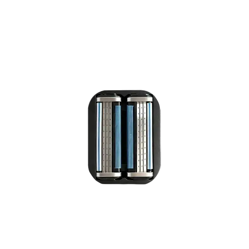 Black rectangular bald head grooming shaver head with two rows of silver blades and blue tpu finger strap accents