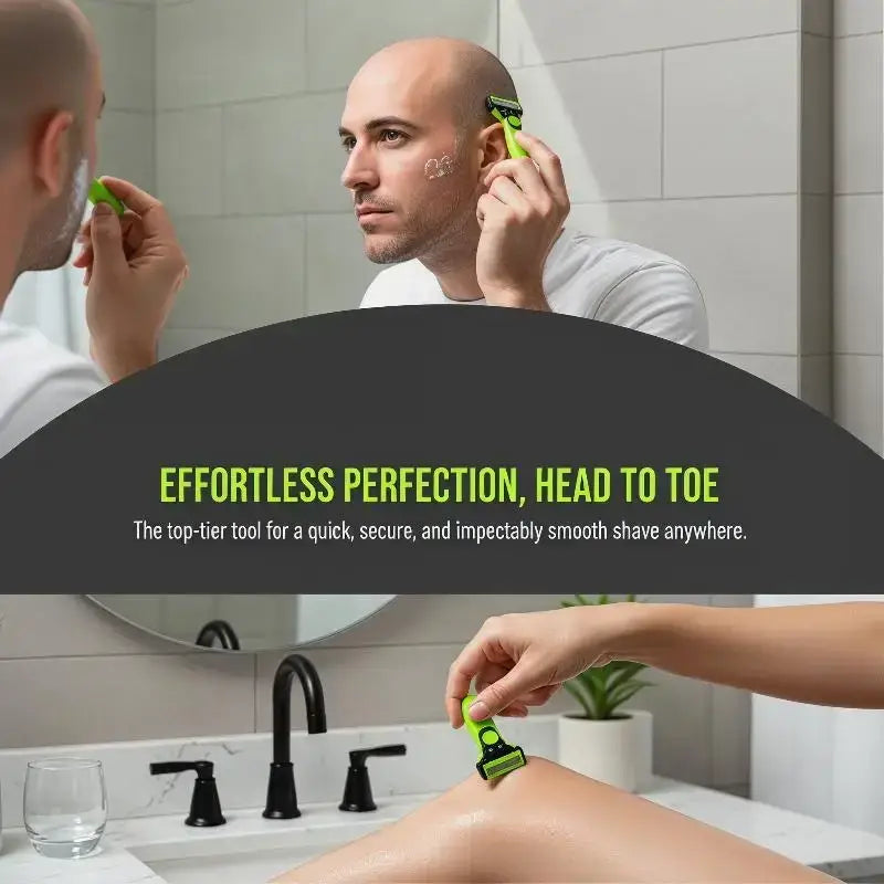 Green bald head grooming shaver with black accents and tpu finger strap for secure handling