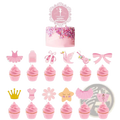 Pink ballet-themed cupcake toppers with tutu, shoes, bows cutouts and happy birthday cake topper for party decor