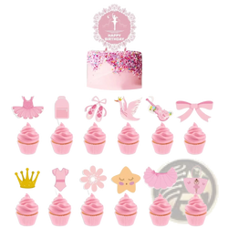 Pink ballet-themed cupcake toppers with tutu, shoes, bows cutouts and happy birthday cake topper for party decor