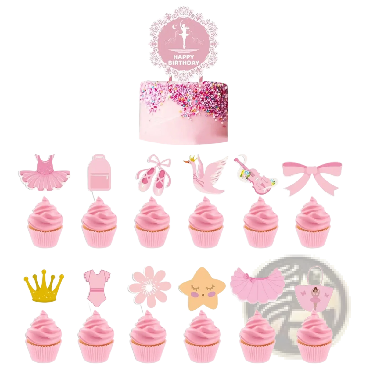 Pink ballet-themed cupcake toppers with tutu, shoes, bows cutouts and happy birthday cake topper for party decor