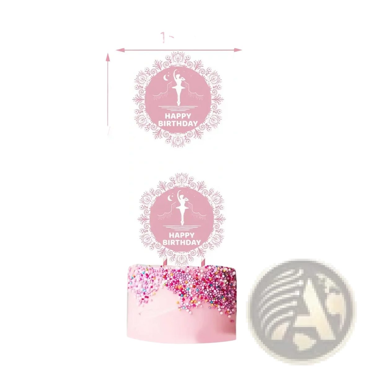 Pink circular ballet birthday party cake topper with white ballerina silhouette and ornate lace border featuring happy birthday text