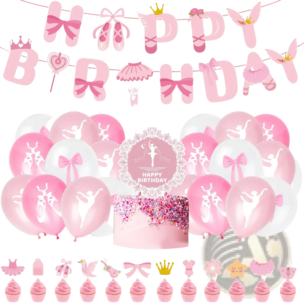 Pink ballet birthday party banner and cake topper set with cutout letters bows and ballerina silhouettes for decoration