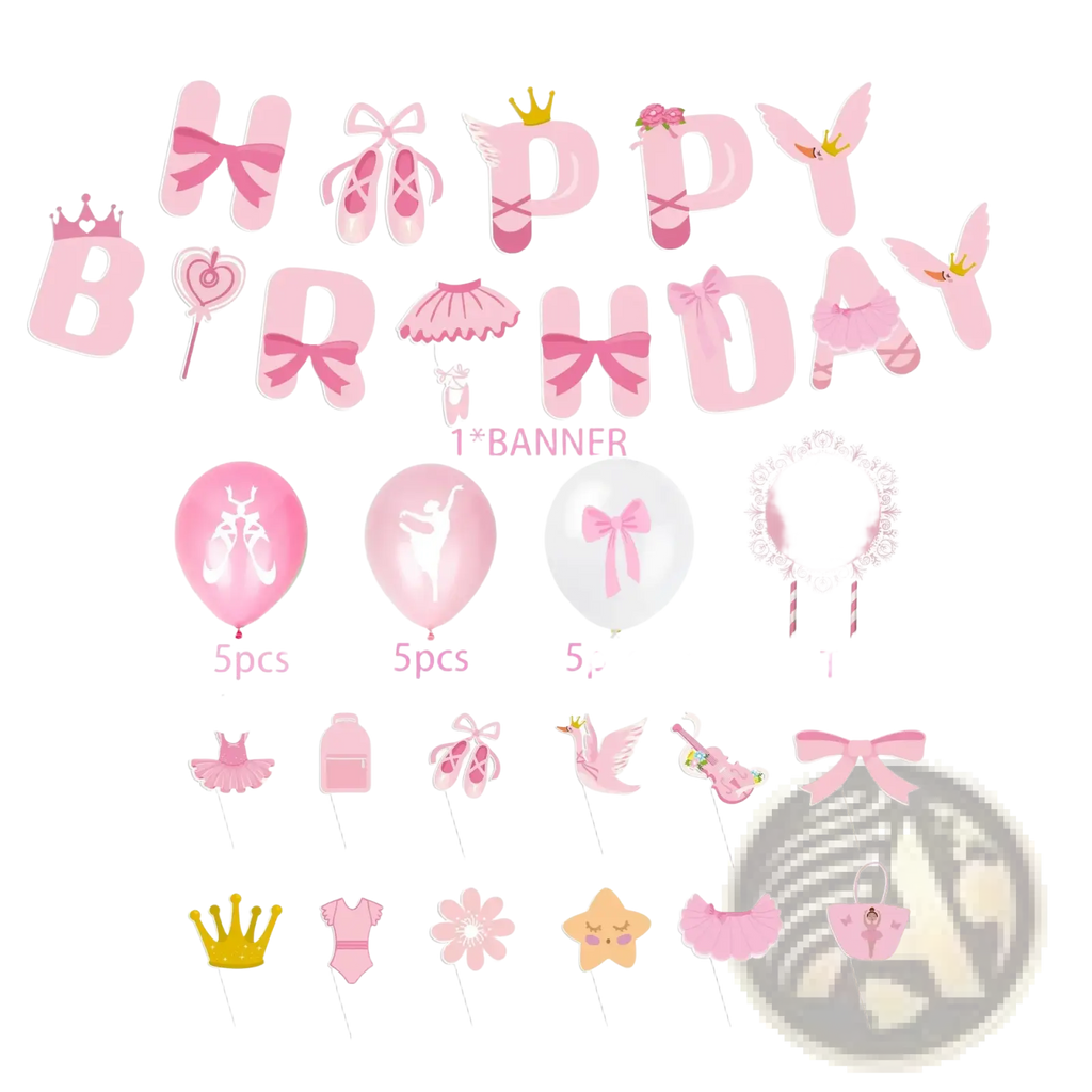 Pink ballet birthday party banner and cake topper set with letter cutouts featuring bows shoes and crowns