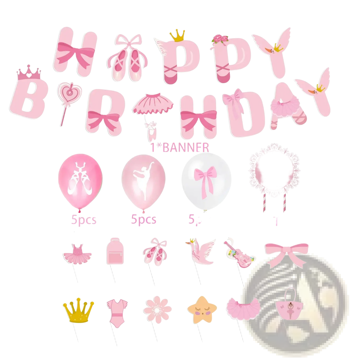 Pink ballet birthday party banner and cake topper set with letter cutouts featuring bows shoes and crowns