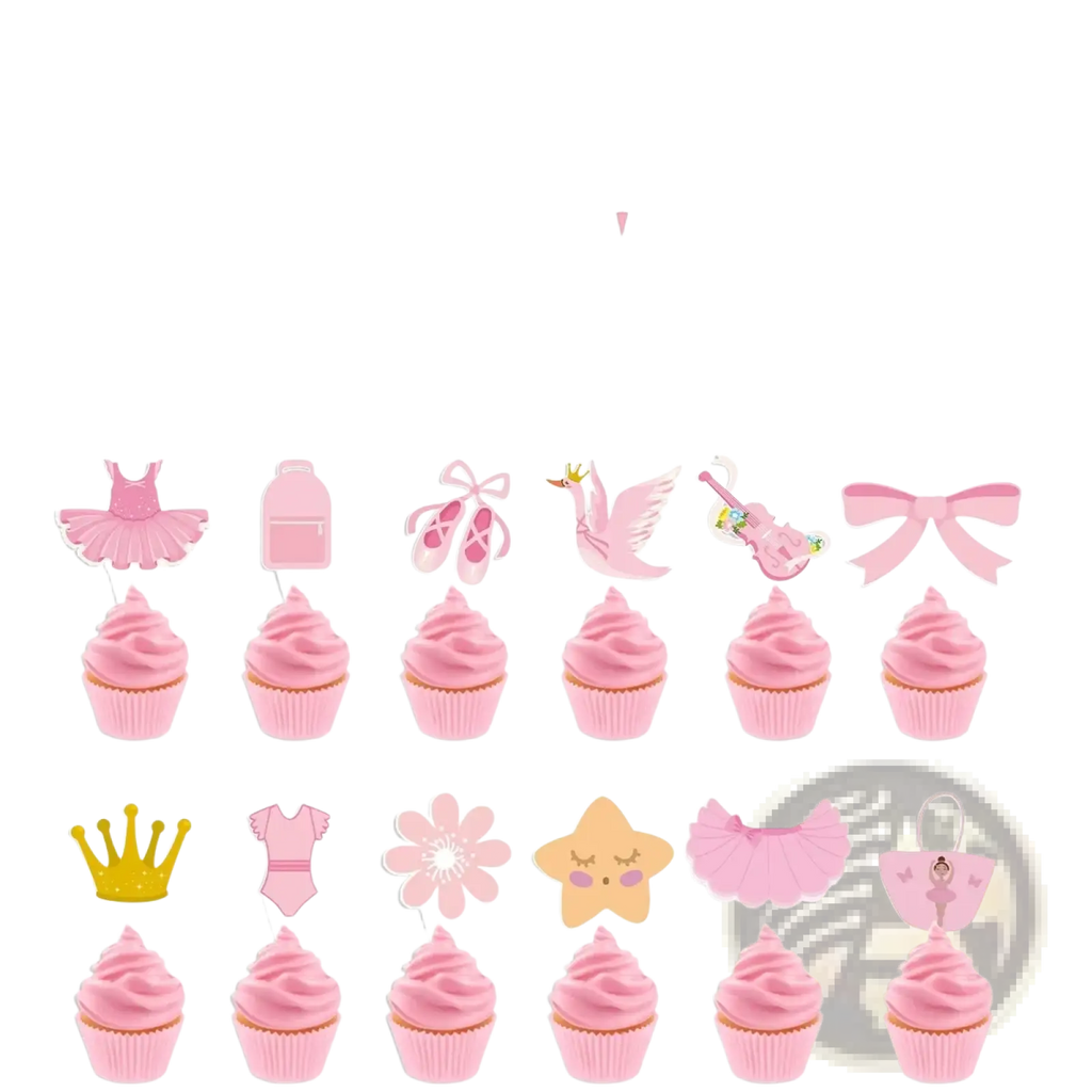 Pink ballet-themed cupcake toppers with tutu shoe and bow designs for ballet birthday party banner and cake topper set