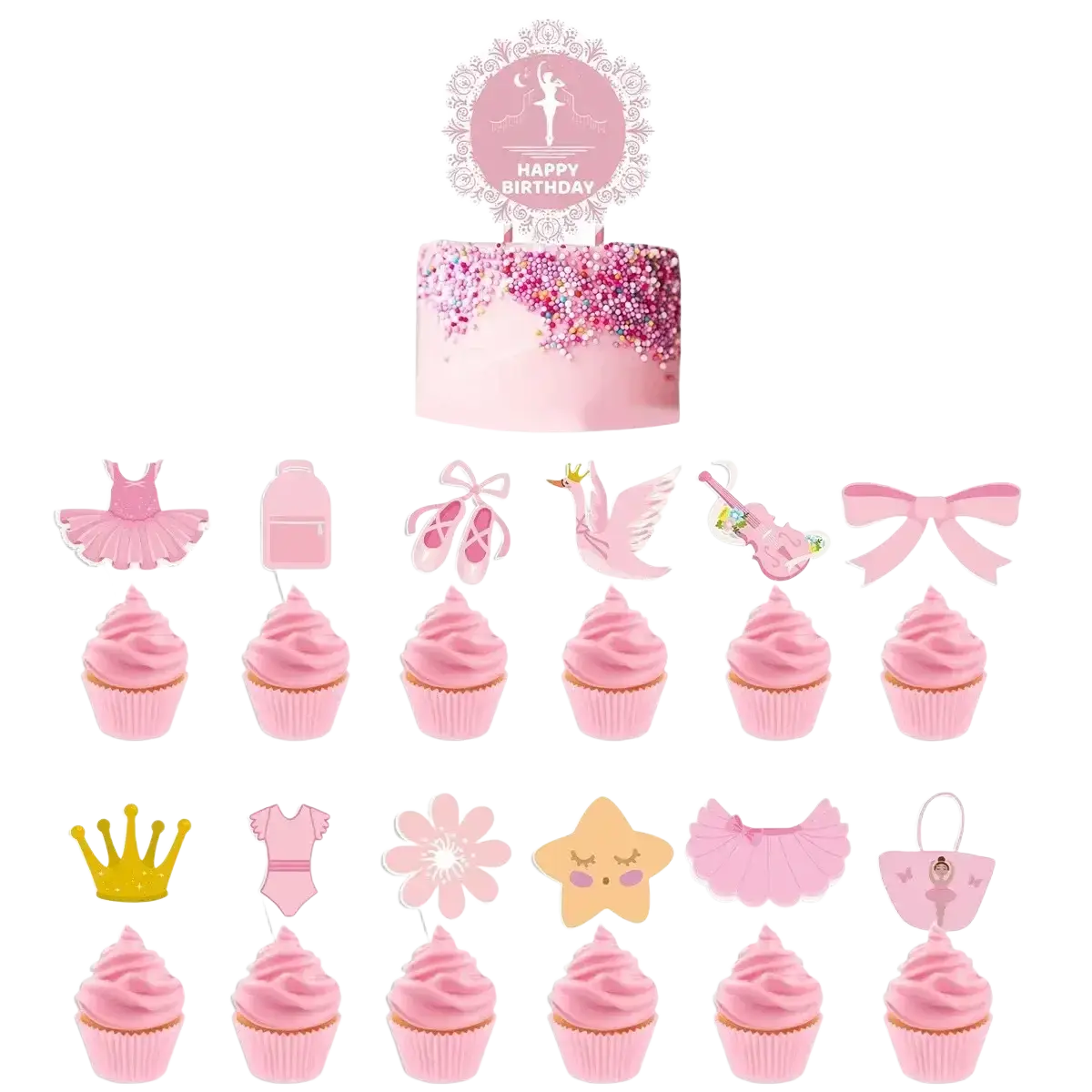 Pink ballet-themed birthday party cake topper set featuring tutu shoes and bow decorations for cakes and cupcakes