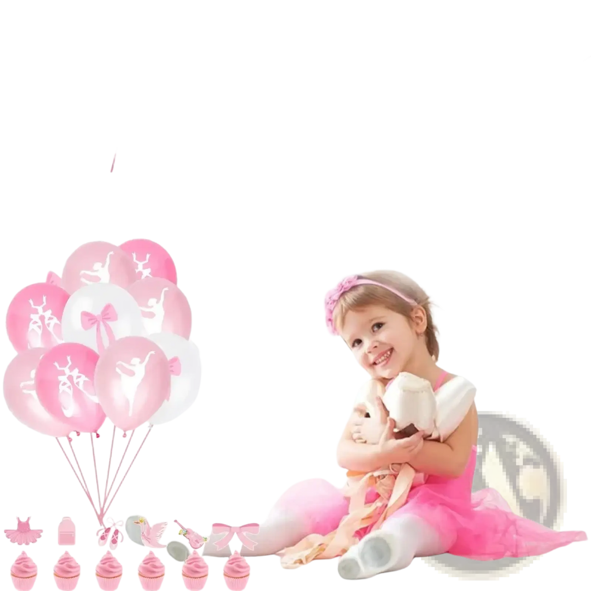 Pink ballet birthday party banner and cake topper set with letter cutouts decorated with bows crowns and ballerina silhouettes