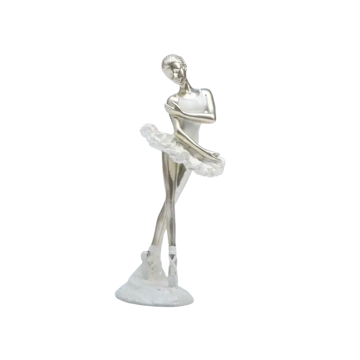 Silver ballet dancer figurine with delicate white tutu and pointed toe shoes on matching base for home decor