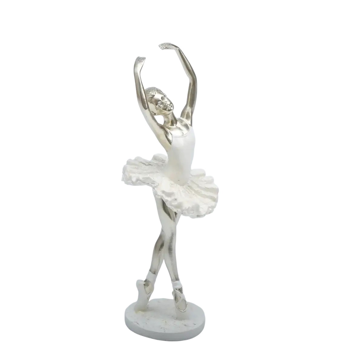 Silver ballet dancer figurine with white tutu and delicate raised arms in an elegant pose for home decor