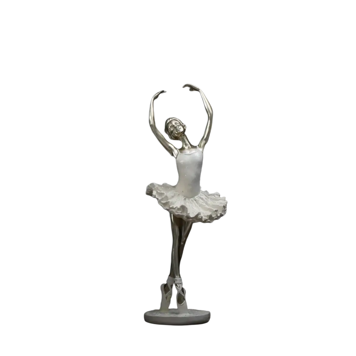 Silver ballet dancer figurine with white tutu and pointed shoes on a circular base for home decor