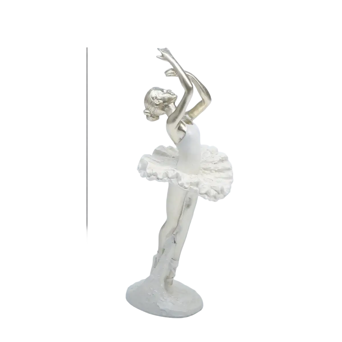 A delicate silver-toned ballet dancer figurine with a flowing white tutu on an oval base for home decor